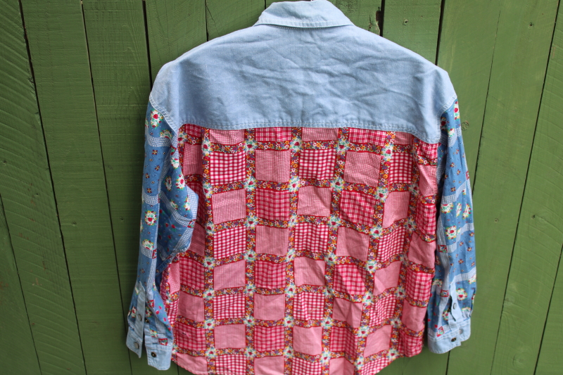 photo of Liz Claiborne Lizwear vintage western shirt large, red & blue patchwork ribbons print cotton pearl snaps #5