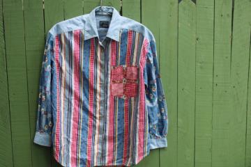 catalog photo of Liz Claiborne Lizwear vintage western shirt large, red & blue patchwork ribbons print cotton pearl snaps 