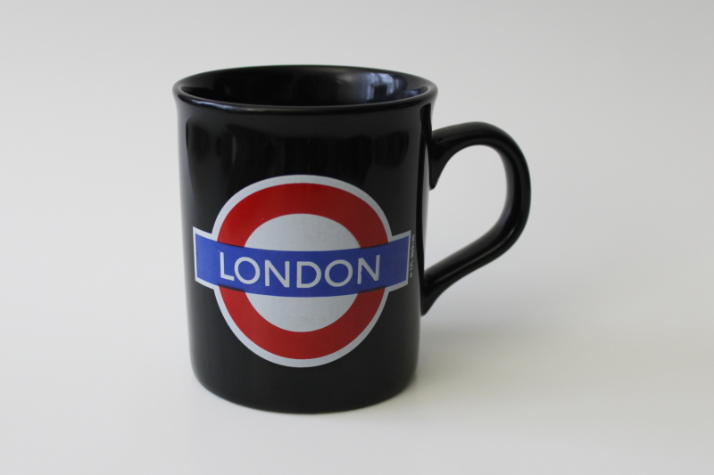 photo of London souvenir coffee cup or tea mug, underground logo on black ceramic #1