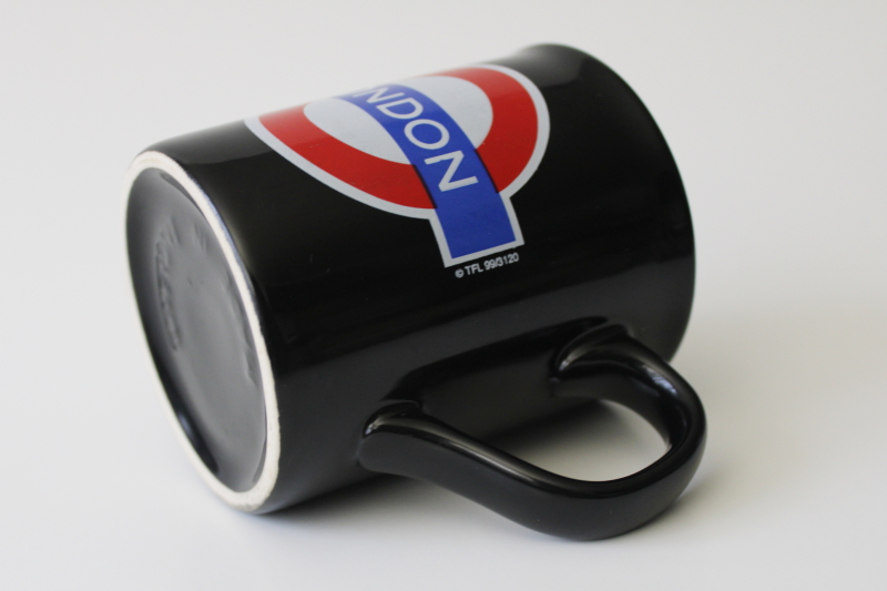 photo of London souvenir coffee cup or tea mug, underground logo on black ceramic #3