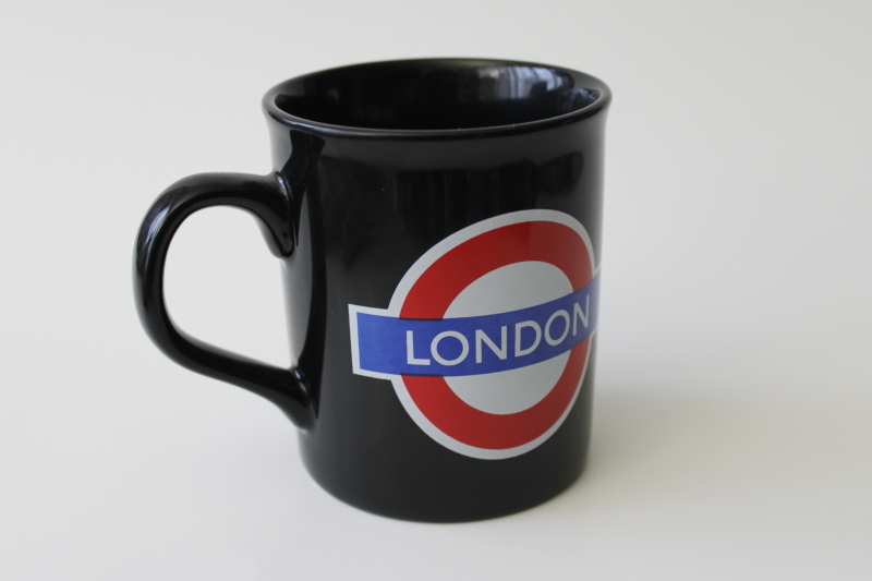 photo of London souvenir coffee cup or tea mug, underground logo on black ceramic #4