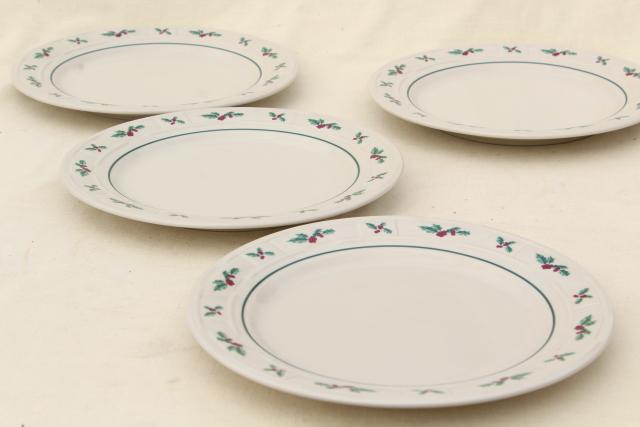 Longaberger Holly Christmas Traditions stoneware pottery dinner plates set of four