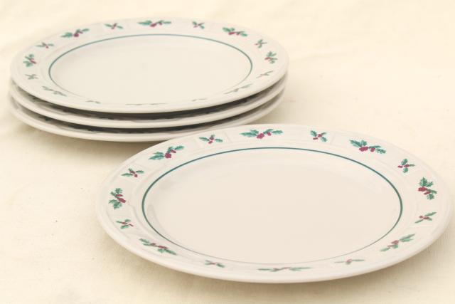 photo of Longaberger Holly Christmas Traditions stoneware pottery dinner plates set of four #7