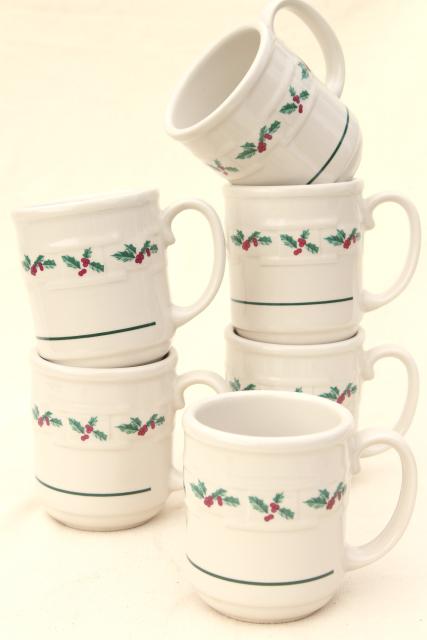 photo of Longaberger Holly Christmas Traditions stoneware pottery mugs or coffee cups, set of four #1