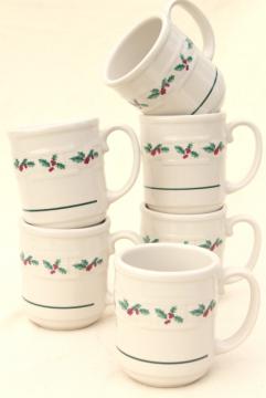 catalog photo of Longaberger Holly Christmas Traditions stoneware pottery mugs or coffee cups, set of four