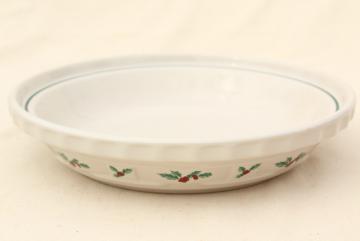 catalog photo of Longaberger Holly Christmas Traditions stoneware pottery pie plate, 10 inch pie pan