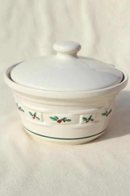 photo of Longaberger Holly Christmas Traditions stoneware pottery, small covered dish, butter tub w/ lid #1