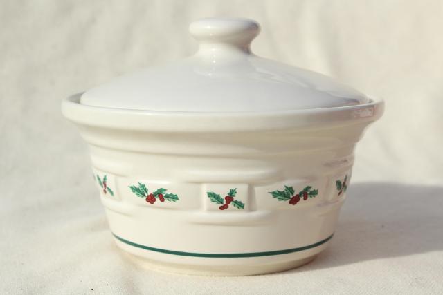 photo of Longaberger Holly Christmas Traditions stoneware pottery, small covered dish, butter tub w/ lid #2