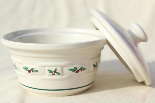 photo of Longaberger Holly Christmas Traditions stoneware pottery, small covered dish, butter tub w/ lid #3