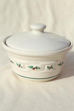 catalog photo of Longaberger Holly Christmas Traditions stoneware pottery, small covered dish, butter tub w/ lid