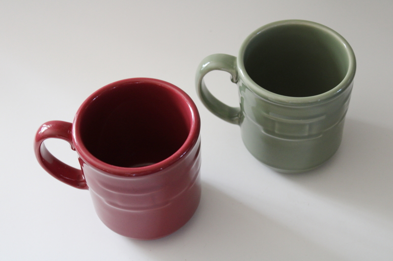 photo of Longaberger Woven Traditions pottery mugs, paprika red & sage green, early 2000s vintage #3