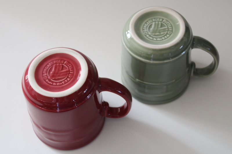 photo of Longaberger Woven Traditions pottery mugs, paprika red & sage green, early 2000s vintage #4