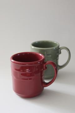 catalog photo of Longaberger Woven Traditions pottery mugs, paprika red & sage green, early 2000s vintage