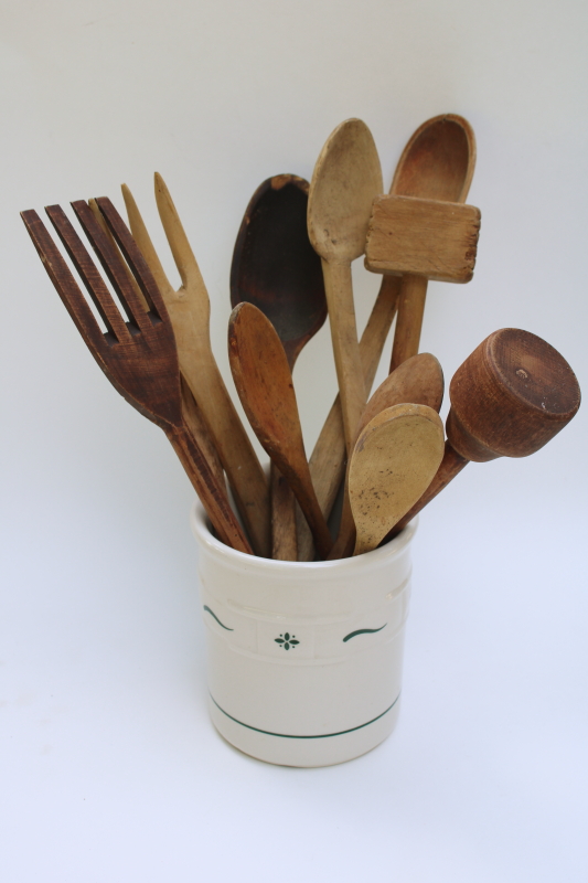 photo of Longaberger pottery traditions utensil crock, spoon holder stoneware jar w/ design in green  #4