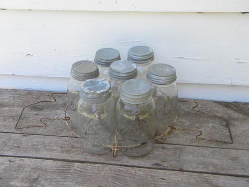 photo of Lot 7 old Kerr 1 qt mason jars w/zinc lids in wire canner basket #1