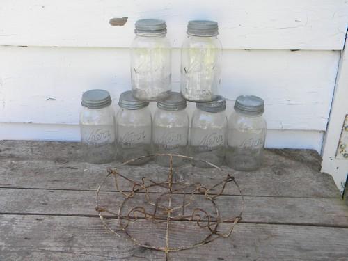 photo of Lot 7 old Kerr 1 qt mason jars w/zinc lids in wire canner basket #2