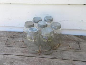 catalog photo of Lot 7 old Kerr 1 qt mason jars w/zinc lids in wire canner basket