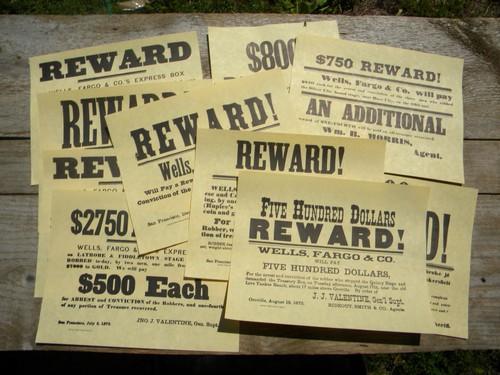 photo of Lot of reproduction 1870s wild west outlaw Wells Fargo REWARD posters #1