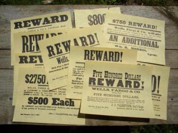 catalog photo of Lot of reproduction 1870s wild west outlaw Wells Fargo REWARD posters