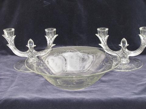 photo of Lotus-Glastonbury vintage elegant cut glass console bowl and pair branched candelabras #1