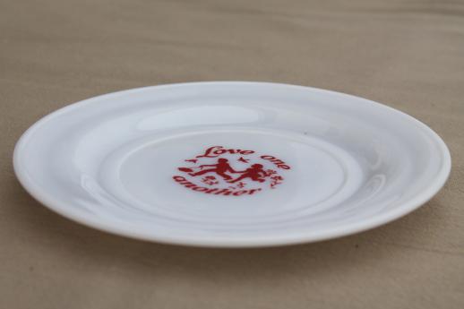 photo of Love One Another red & white milk glass plate, vintage motto plate children's dish #1