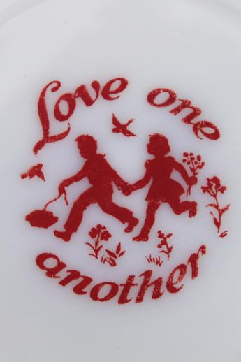 photo of Love One Another red & white milk glass plate, vintage motto plate children's dish #4