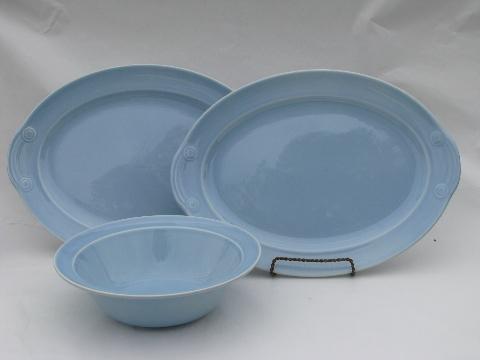 photo of Lu-Ray Pastels pottery, blue oval bowl and platters, vintage TS and T #1