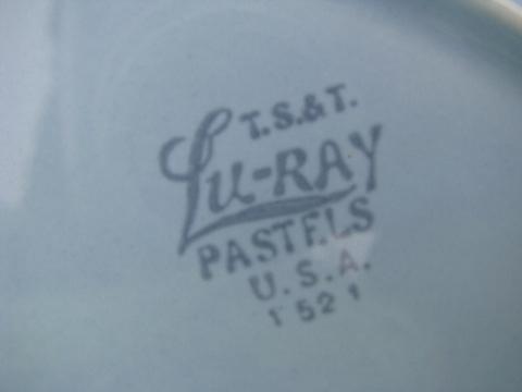 photo of Lu-Ray Pastels pottery, blue oval bowl and platters, vintage TS and T #4