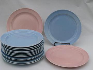 catalog photo of Lu-Ray Pastels pottery, blue & pink luncheon / supper plates, vintage TS and T