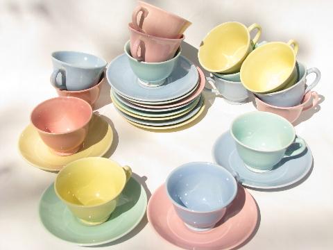 photo of Lu-Ray pastels, vintage pottery dishes lot, 12 china cups & saucers #4