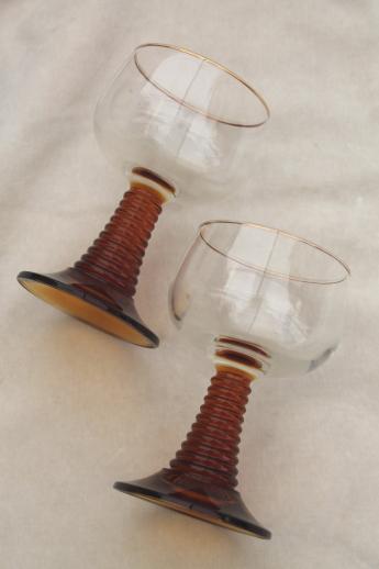 photo of Luminarc France Rhine wine glasses, clear bowls w/ ring ribbed amber stems #2