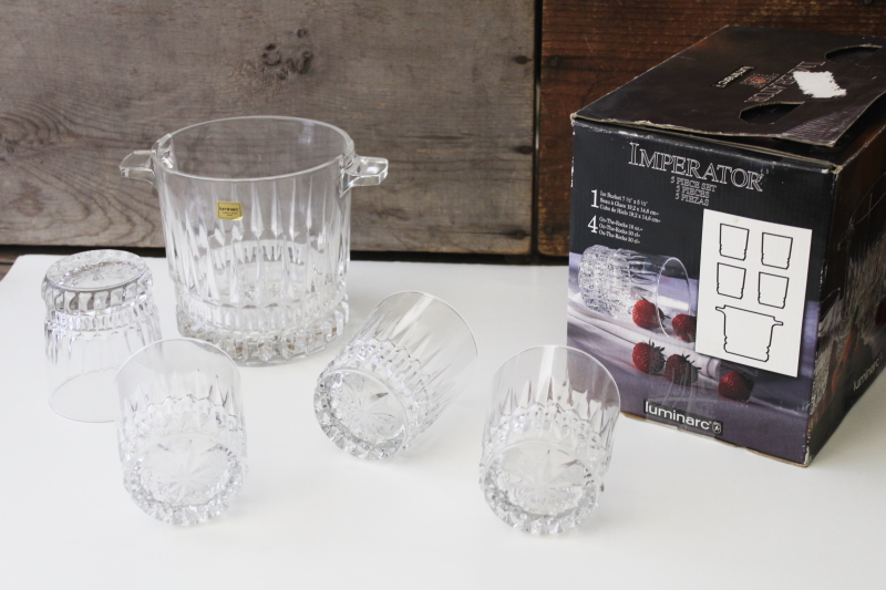 photo of Luminarc Imperator French crystal on the rocks glasses & ice bucket, vintage set in box #3