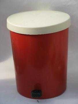 catalog photo of Lustroware 1950s vintage red plastic kitchen trash can, step pedal lid