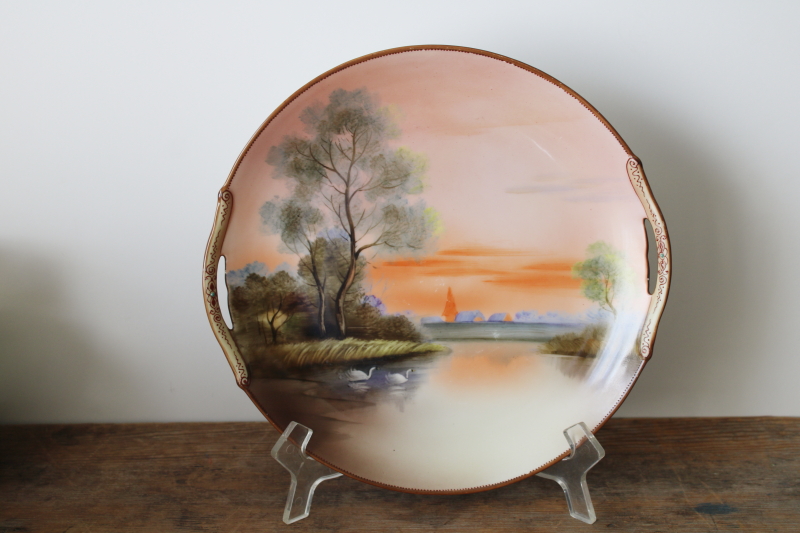 photo of M mark Noritake vintage hand painted china tray or plate w/ swans at sunset scene  #1