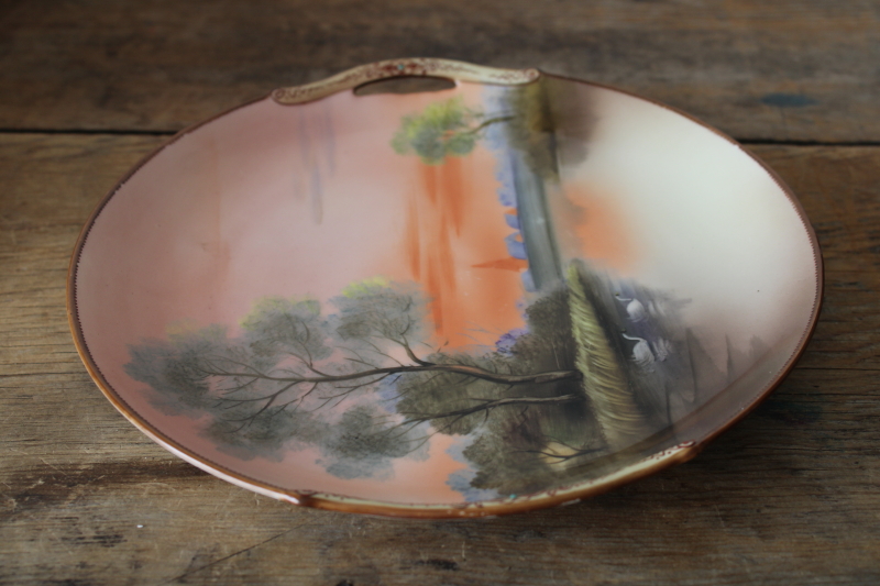 photo of M mark Noritake vintage hand painted china tray or plate w/ swans at sunset scene  #4