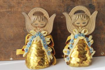 MCM 60s mod Christmas angels, gold sequins beaded ornaments girl angel figurines 