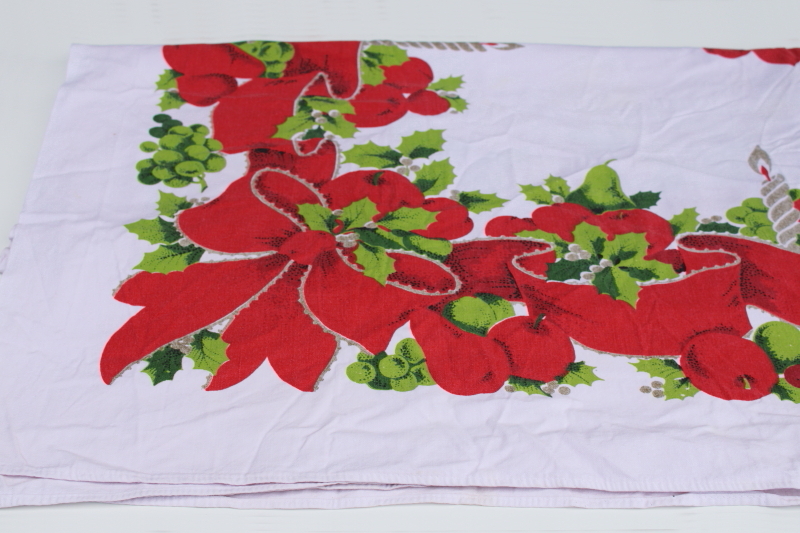 photo of MCM Christmas tablecloth, red & green candles & ribbons print cotton fabric 1950s vintage  #1