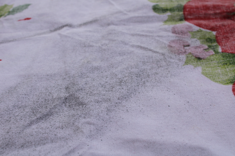 photo of MCM Christmas tablecloth, red & green candles & ribbons print cotton fabric 1950s vintage #2