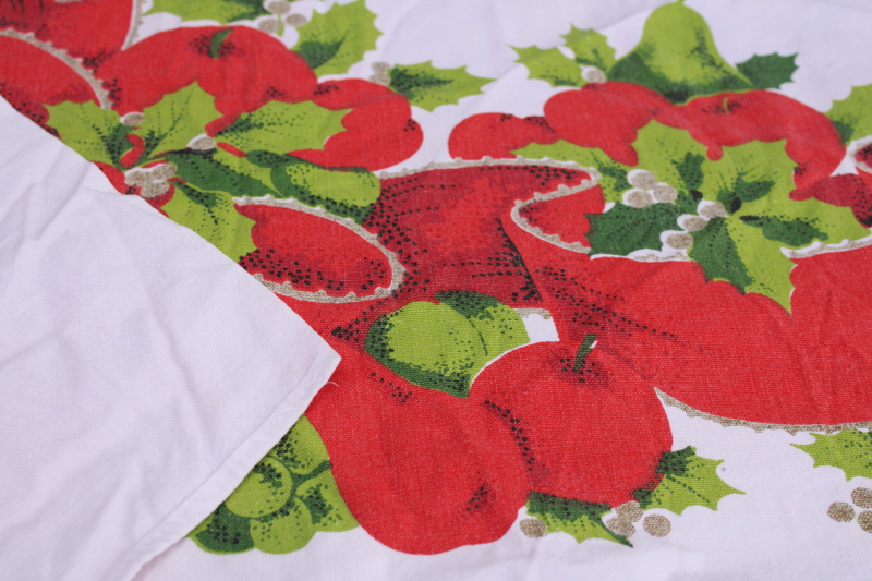 photo of MCM Christmas tablecloth, red & green candles & ribbons print cotton fabric 1950s vintage #4