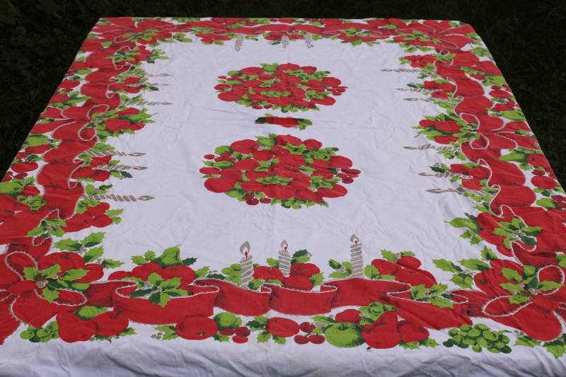 photo of MCM Christmas tablecloth, red & green candles & ribbons print cotton fabric 1950s vintage #5