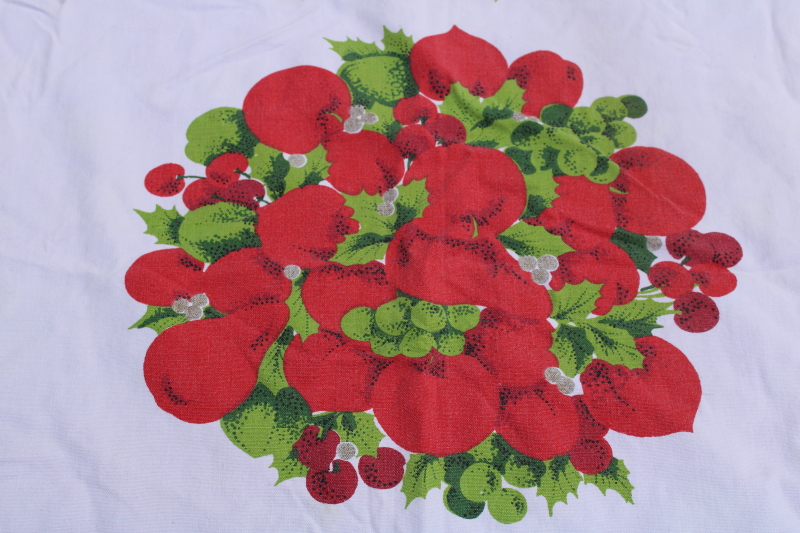 photo of MCM Christmas tablecloth, red & green candles & ribbons print cotton fabric 1950s vintage #6