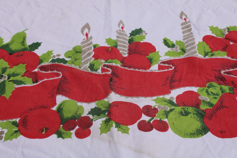 photo of MCM Christmas tablecloth, red & green candles & ribbons print cotton fabric 1950s vintage #7