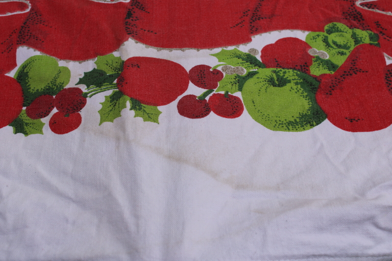 photo of MCM Christmas tablecloth, red & green candles & ribbons print cotton fabric 1950s vintage #8