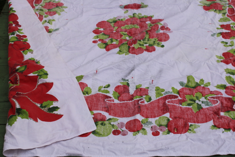 photo of MCM Christmas tablecloth, red & green candles & ribbons print cotton fabric 1950s vintage #9
