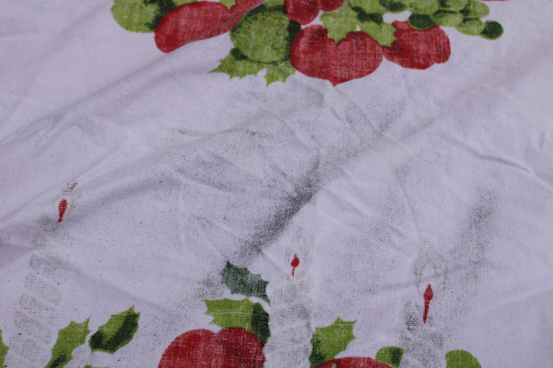 photo of MCM Christmas tablecloth, red & green candles & ribbons print cotton fabric 1950s vintage #11