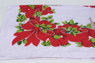 catalog photo of MCM Christmas tablecloth, red & green candles & ribbons print cotton fabric 1950s vintage 