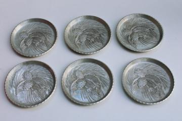catalog photo of MCM Everlast forged aluminum coasters set, pinecones pine design vintage hammered metal 