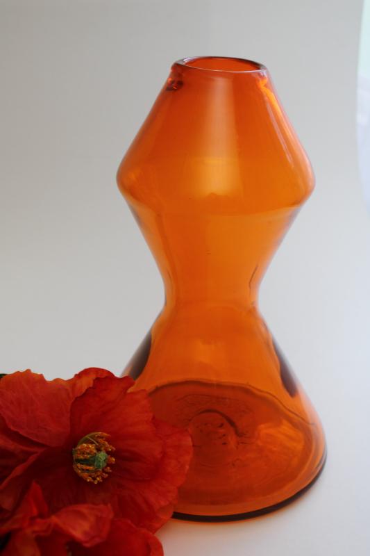 photo of MCM atomic orange hand blown art glass bottle, decanter or vase, mid-century mod vintage #6