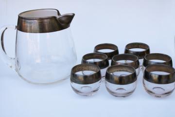 catalog photo of MCM barware, Dorothy Thorpe silver band roly poly glasses & pitcher, vintage cocktail set