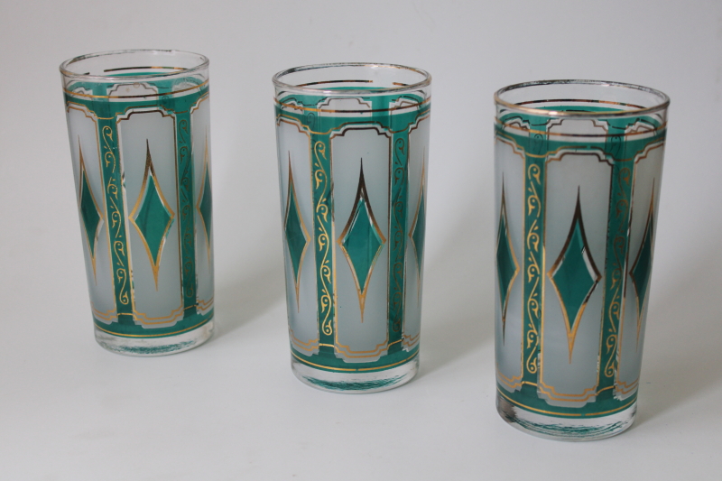 photo of MCM barware, vintage Libbey highball glasses emerald diamond teal green & gold #1